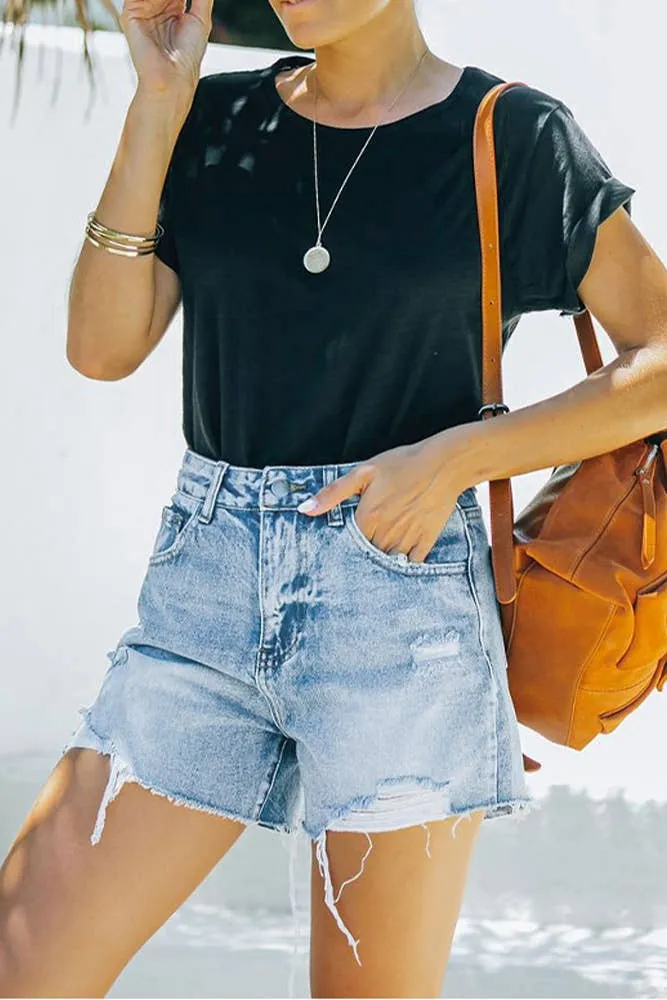 Sky Blue Distressed Washed Denim Shorts