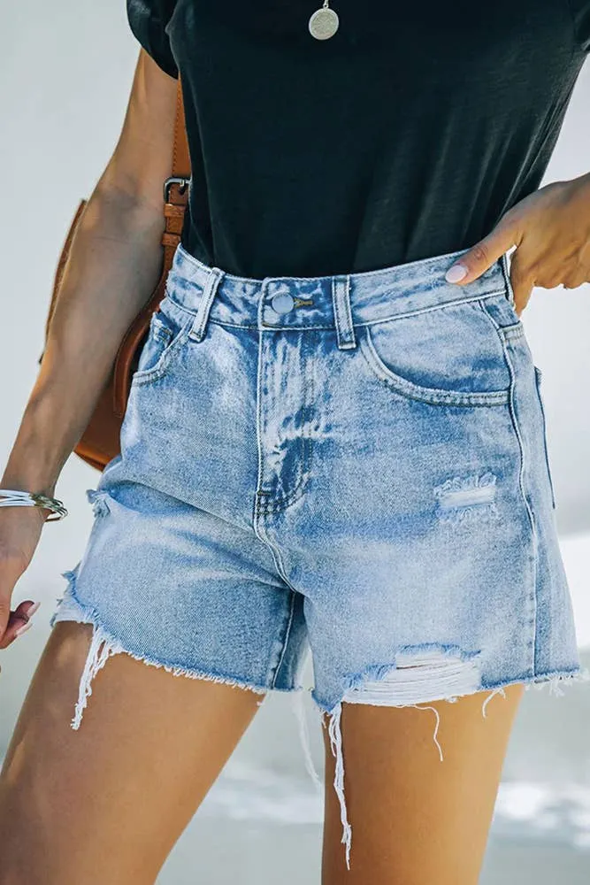 Sky Blue Distressed Washed Denim Shorts