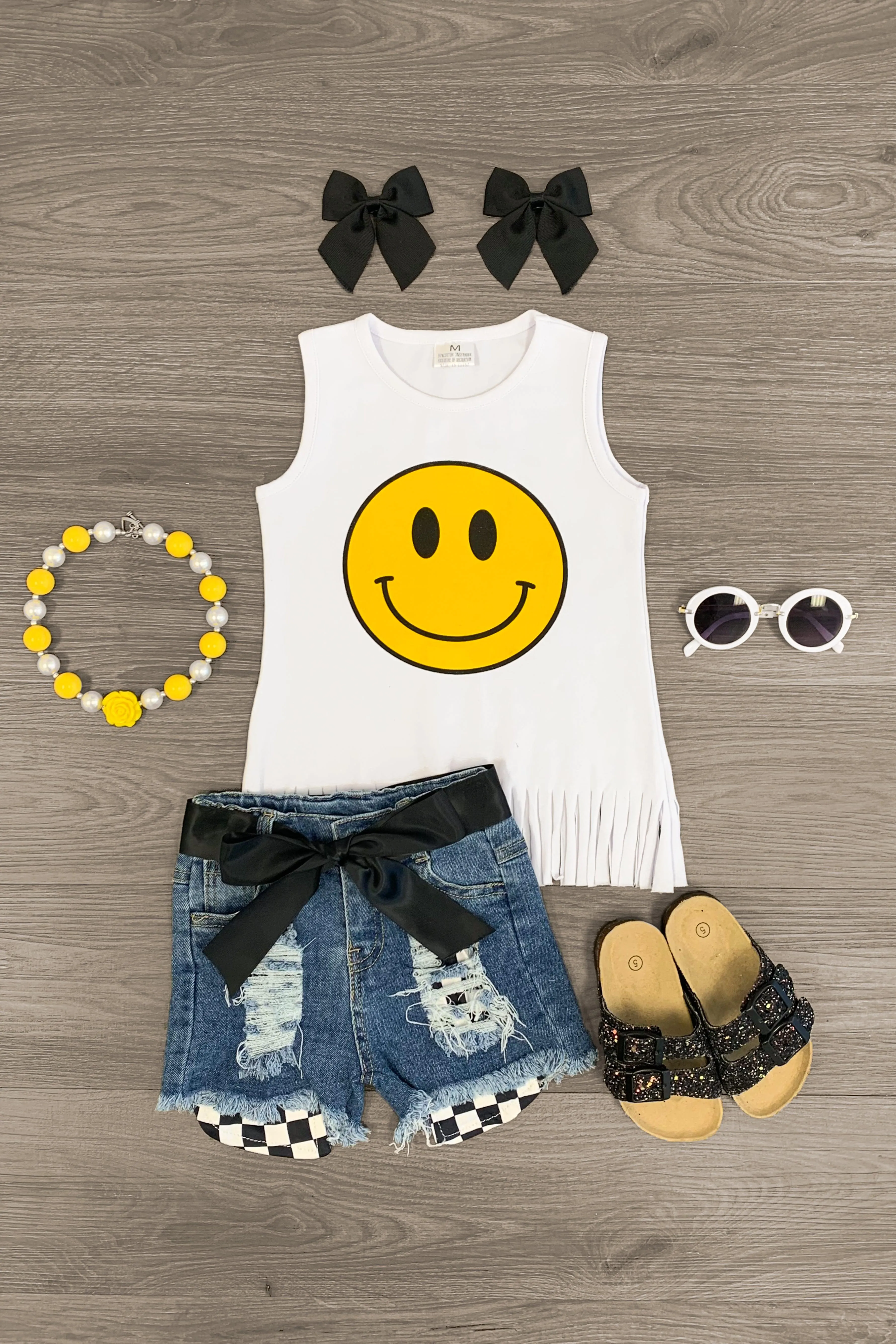 Smiley Face Distressed Denim Short Set