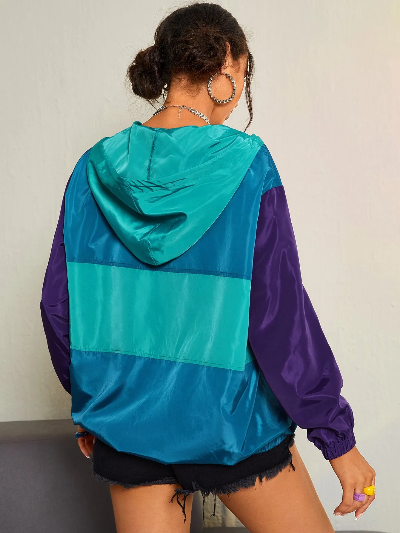 Sporty Colorblock Zipper Long Sleeve Hooded Regular Women Jacket