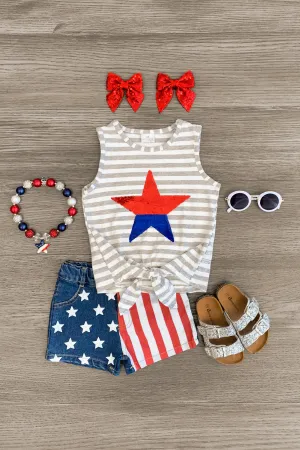 Striped Sequin Star Denim Short Set