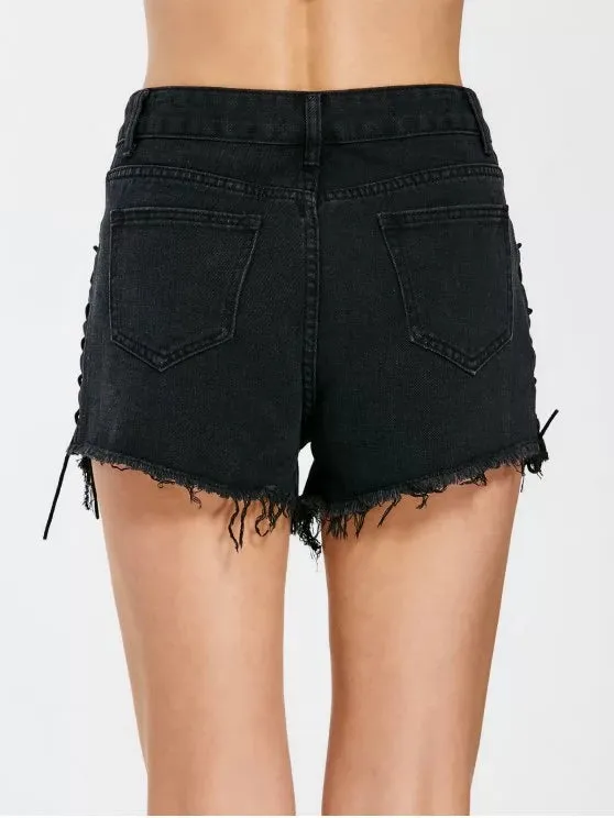 TastyHottie - Trendy Frayed Hem Lace Up Denim Shorts