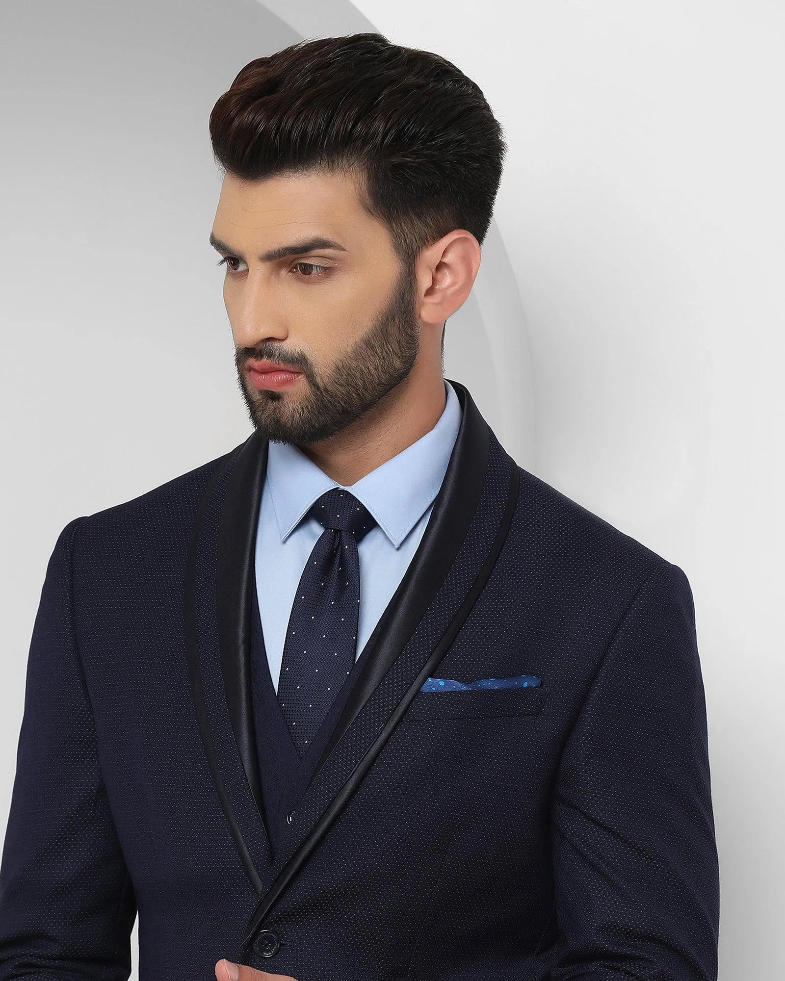 Tuxedo Three Piece Navy Textured Formal Suit - Fiesta