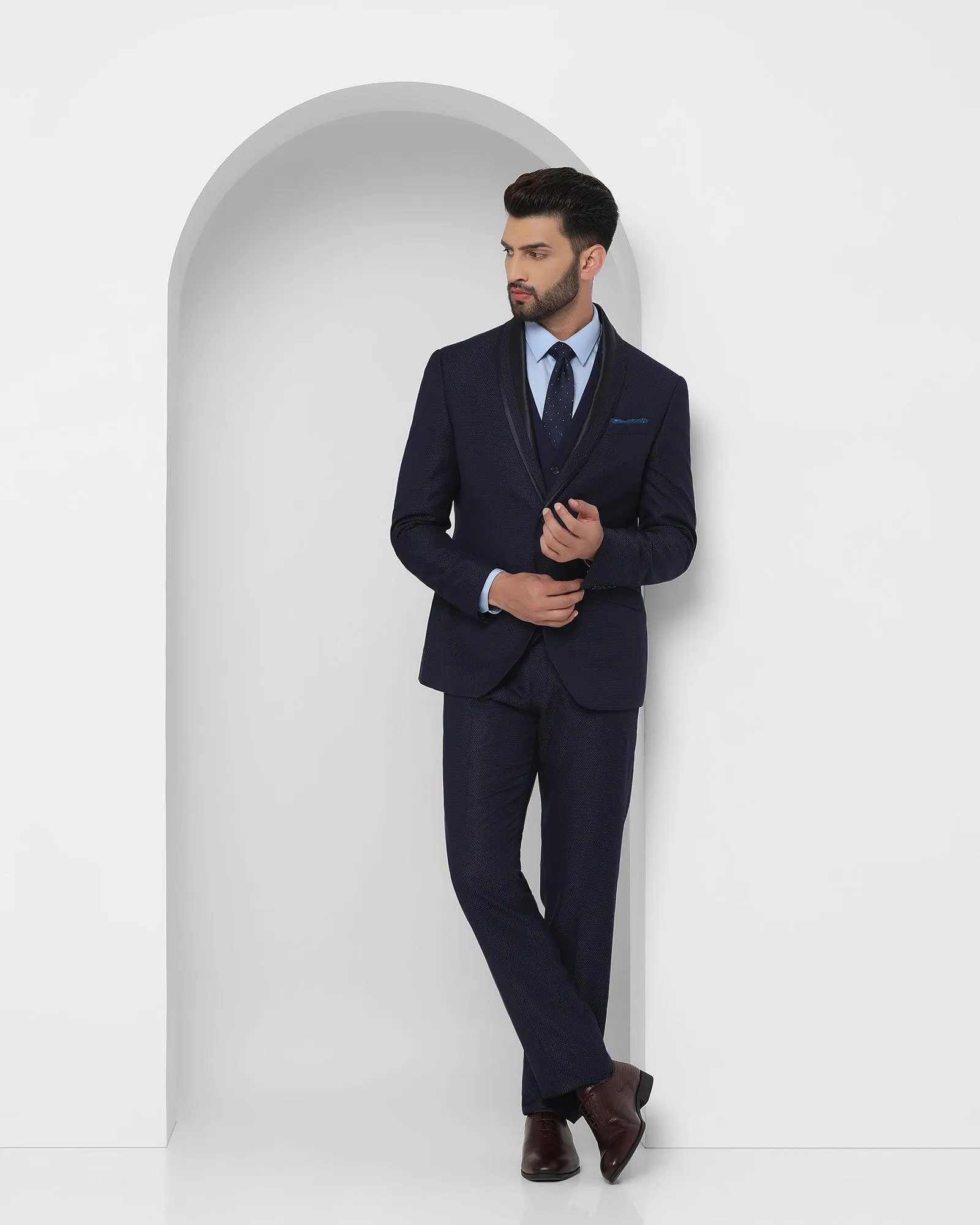 Tuxedo Three Piece Navy Textured Formal Suit - Fiesta