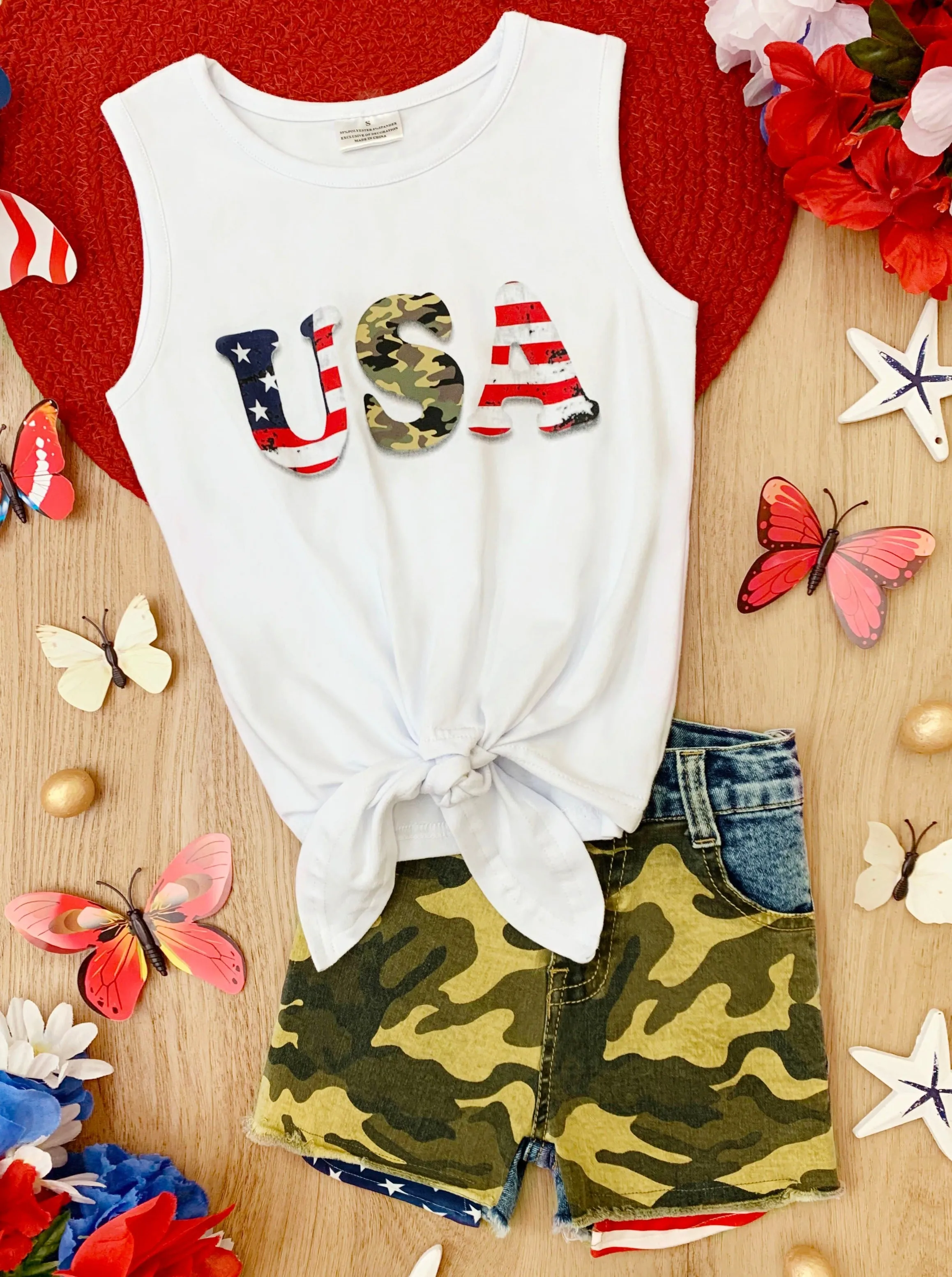 USA Top and Camo Denim Short Set