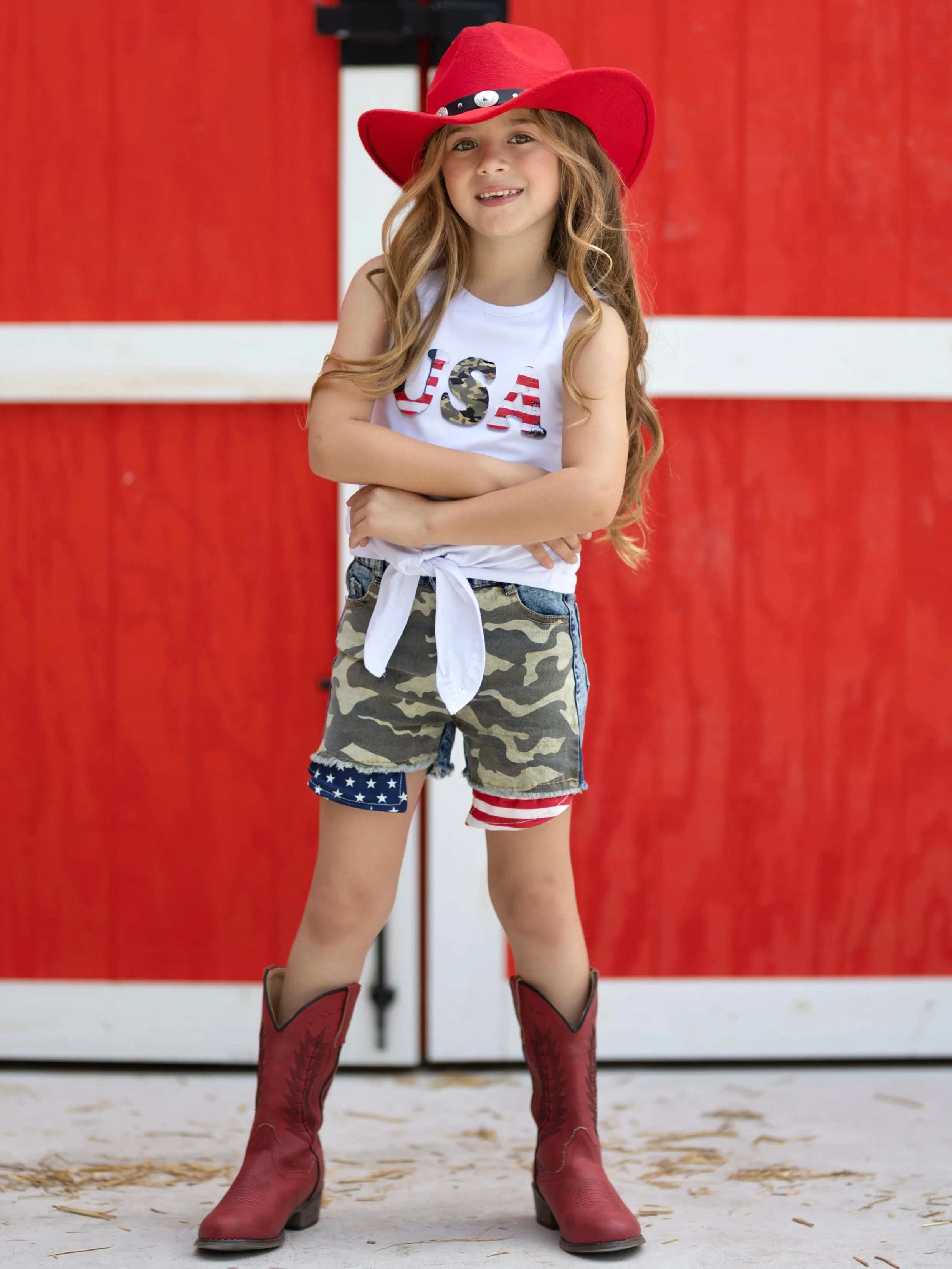 USA Top and Camo Denim Short Set