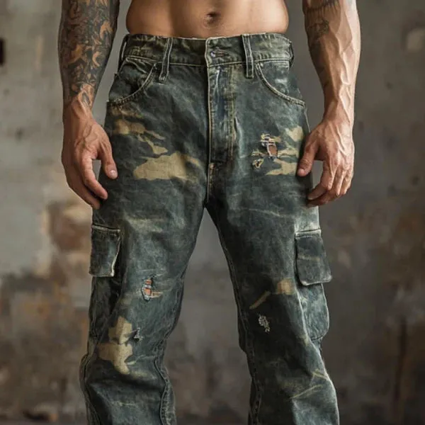 Vintage Camouflage Print Ripped Cargo Jeans