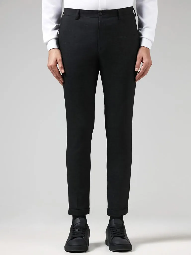 WES Formals Solid Charcoal Slim-Fit Low-Rise Trousers