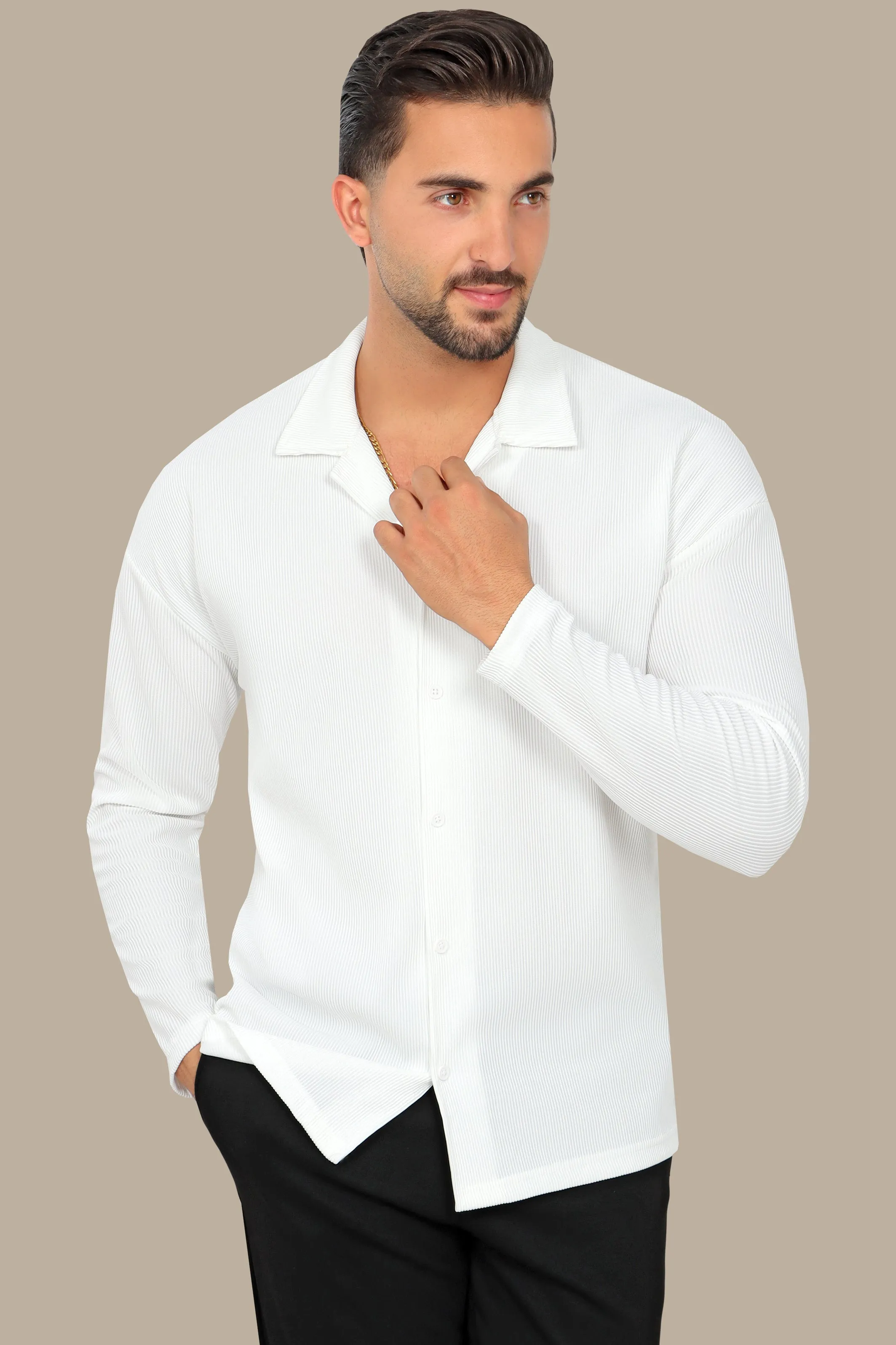 White Ribbed Plain Shirt