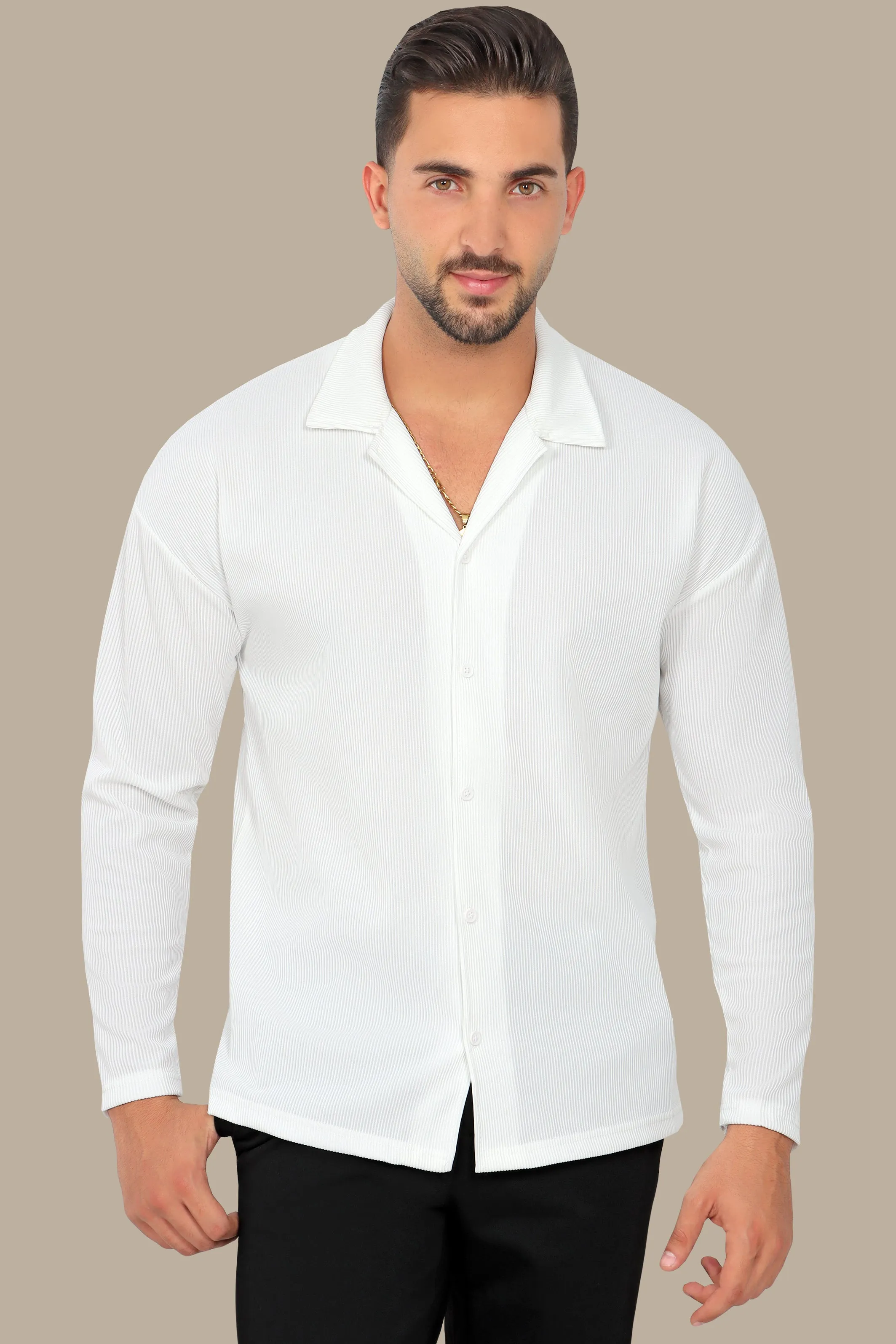 White Ribbed Plain Shirt