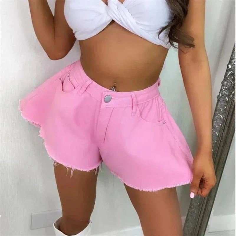 Women Denim Shorts Summer Loose Style High Waist Streetwear Pantalones Cortos Solid Cutting Edge Flared Shorts Fashion Femme