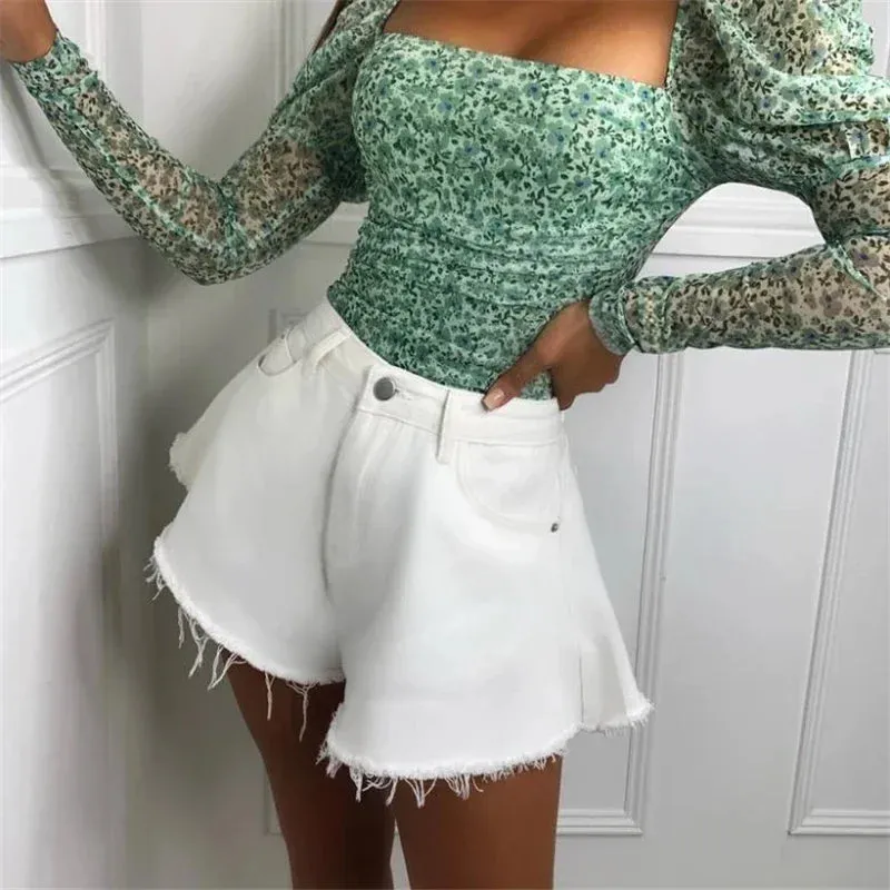 Women Denim Shorts Summer Loose Style High Waist Streetwear Pantalones Cortos Solid Cutting Edge Flared Shorts Fashion Femme