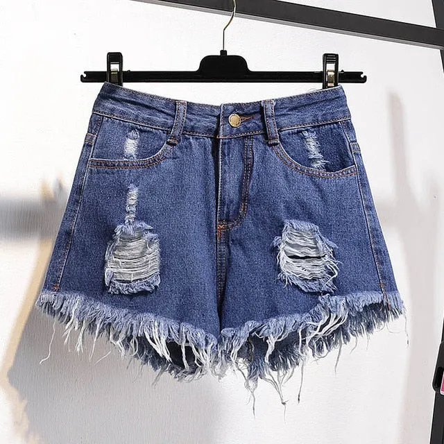 Women Summer Shorts Ripped Jeans High Waist Regular Denim Short