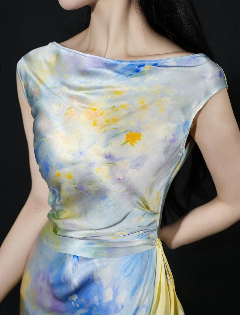 YuYue Romantic Floral Print Silk Satin Fake Two-Piece Bias-Cut Dress