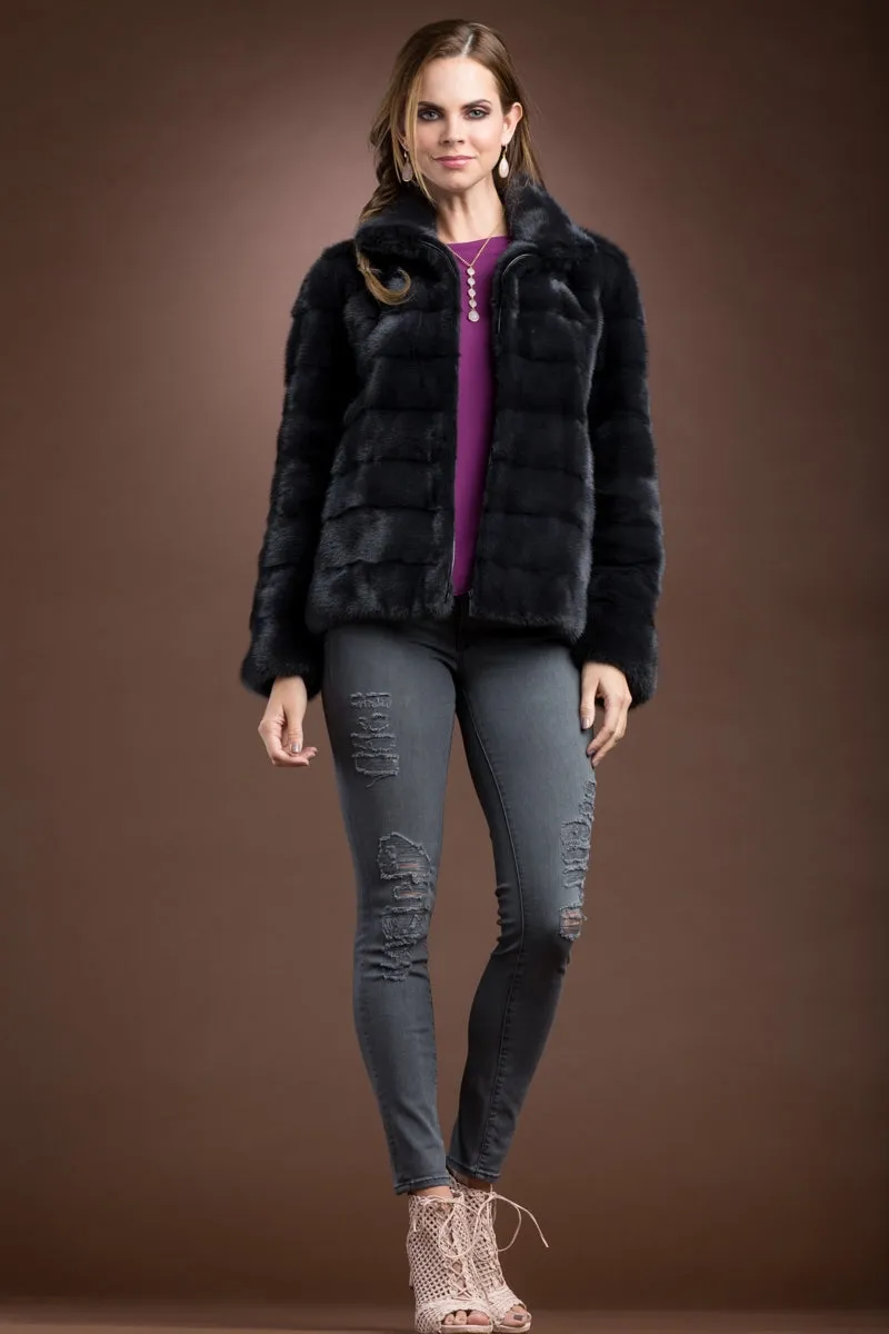 Zip Up Horizontal Slate Mink Fur Jacket