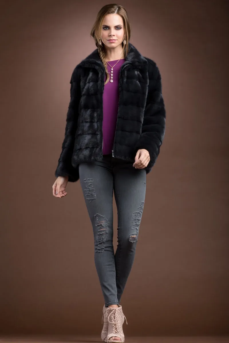 Zip Up Horizontal Slate Mink Fur Jacket