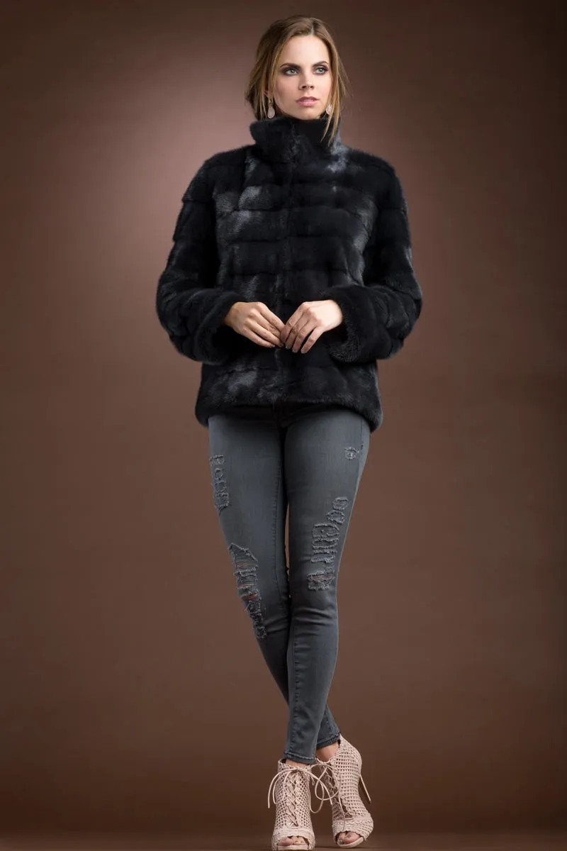 Zip Up Horizontal Slate Mink Fur Jacket